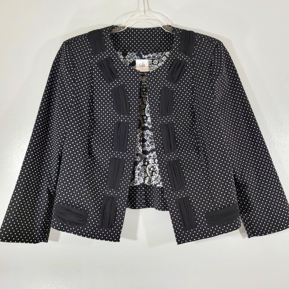 CABI Seaside Chic black white pin dot open front cropped blazer style 5156